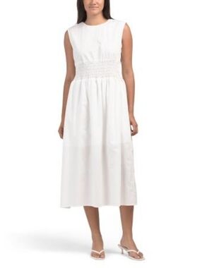 NWT - Sweet Generis Cotton Smocked Waist High Neck White Midi Dress - Size L